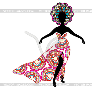 Young girl silhouette in chic long traditional dress - vector image