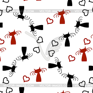 Милый мультяшный, черные кошки с красным сердцем - векторизованный клипарт