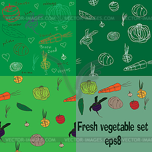 Set with fresh doodle veggies - two seamless - stock vector clipart