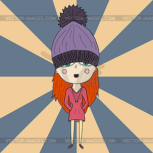 Cute cartoon teenage girl with big head in big hat - vector clip art
