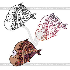 Colorful ethnic hand-drawn creature monster in 3 - royalty-free vector clipart