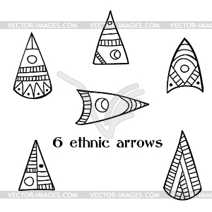 Set of 6 hand-drawn ethnic arrows - vector image