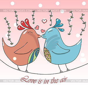 Two cute cartoon birds sitting on tree branch and - vector clip art