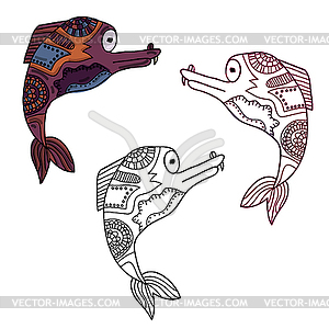 Colorful ethnic hand-drawn creature monster in 3 - vector clipart