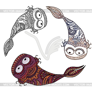 Colorful ethnic hand-drawn creature monster in 3 - vector image