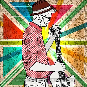 Young hipster man in hat with beard tunes guitar. - vector clipart