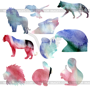 Set of watercolor animals silhouetthes - vector image