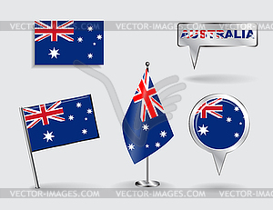 Set of Australian pin, icon and map pointer flags - stock vector clipart