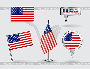 Set of American pin, icon and map pointer flags - vector image