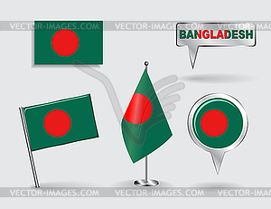 Set of Bangladeshi pin, icon and map pointer flags - vector clipart