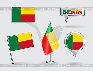 Set of Benin pin, icon and map pointer flags - vector image