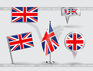 Set of British pin, icon and map pointer flags - vector clipart