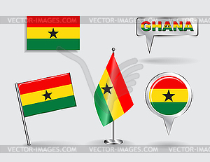 Set of Ghanaian pin, icon and map pointer flags - color vector clipart