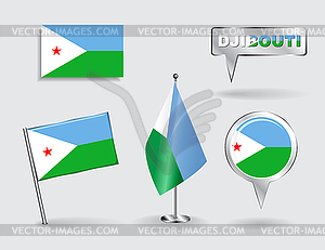 Set of Djibouti pin, icon and map pointer flags - vector clipart