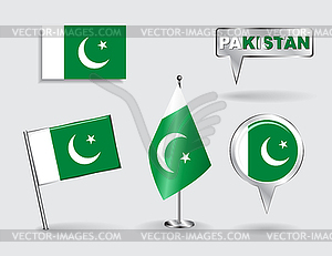 Set of Pakistani pin, icon and map pointer flags - vector clipart