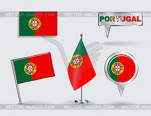 Set of Portuguese pin, icon and map pointer flags - stock vector clipart