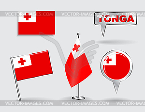 Set of Tonga pin, icon and map pointer flags - vector clip art