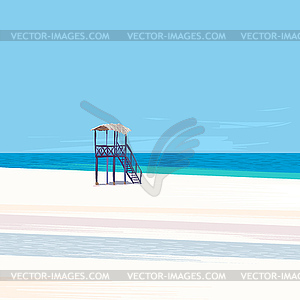Lifeguard tower on white sand beach - vector image