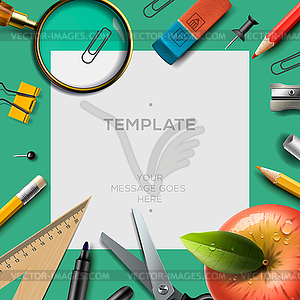 Education template with office supplies, back to - vector clipart
