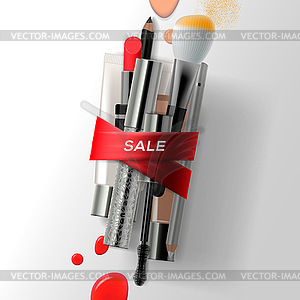 Various makeup brushes and cosmetics with red - royalty-free vector clipart