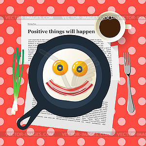 Забавный завтрак, улыбающееся лицо сделать с яичницей - рисунок в векторе