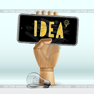 Idea concept. Wooden human hand with mobile phone - vector image