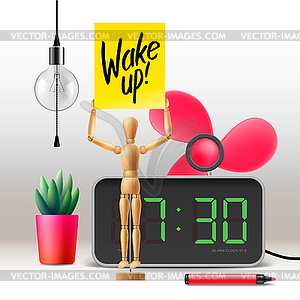 Wake up. Workspace mock up with digital alarm clock - vector clipart