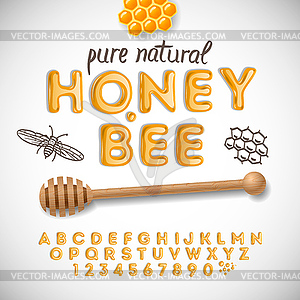 Latin alphabet and numbers made of honey - vector clipart