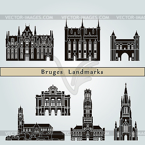 Брюгге Достопримечательности - векторная иллюстрация