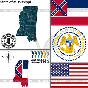 Карта штата Миссисипи, США - стоковый клипарт
