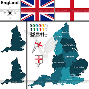 Map of England with regions - vector image