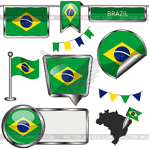 Glossy icons with flag of Brazil - vector image