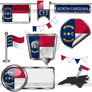 Glossy icons with flag of North Carolina - vector image