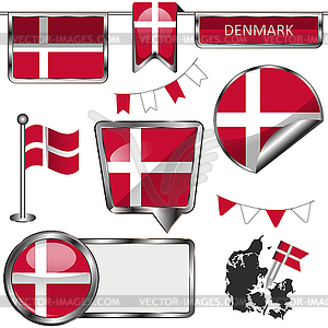 Glossy icons with flag of Denmark - vector image