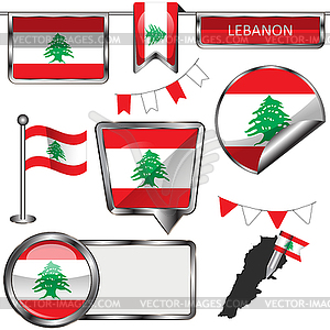 Glossy icons with flag of Lebanon - vector image