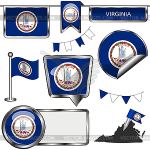 Glossy icons with flag of state Virginia - vector image