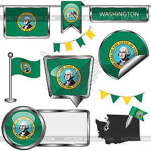 Glossy icons with flag of state Washington - vector image