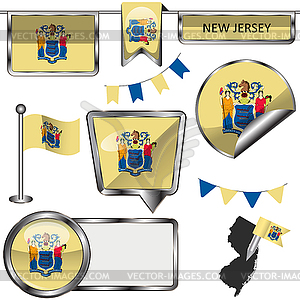 Glossy icons with flag of state New Jersey - vector image