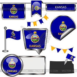 Глянцевые иконки с флагом штата Канзас - иллюстрация в векторе