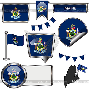 Glossy icons with flag of state Maine - vector EPS clipart
