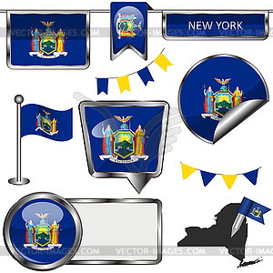 Glossy icons with flag of state New York - vector clipart / vector image