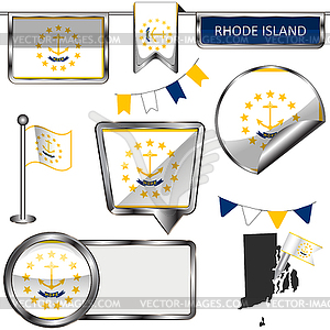 Glossy icons with flag of state Rhode Island - vector clip art