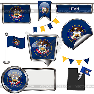 Glossy icons with flag of state Utah - color vector clipart