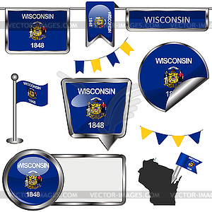 Glossy icons with flag of state Wisconsin - vector image