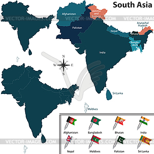 Политическая карта Южной Азии - клипарт в векторном виде
