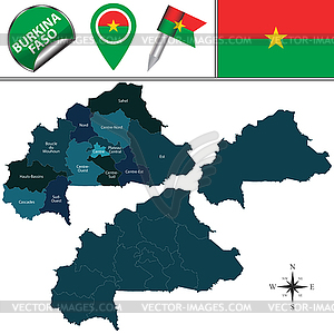 Карта Буркина-Фасо с именованными регионов - клипарт в векторном виде