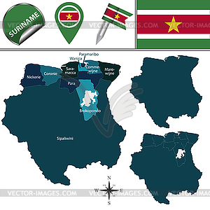 Map of Suriname with Named Districts - vector clip art