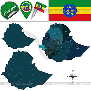 Map of Ethiopia with Named Regions - vector image