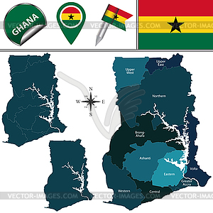 Map of Ghana with Named Region - vector clip art