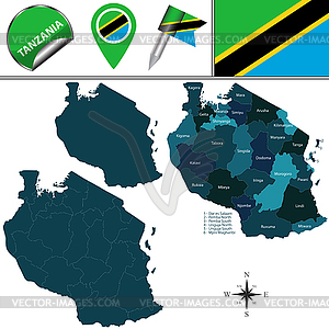 Map of Tanzania with Named Regions - vector clip art